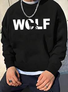 男士春秋新款休闲卫衣，狼嚎图案印花卫衣，适合外出，与朋友一起运动，日常休闲装，健身房，男士运动服，适合旅行/度假/户外露营/运动，轻便舒适运动徒步钓鱼百搭卫衣 - 黑色 - 查看 1