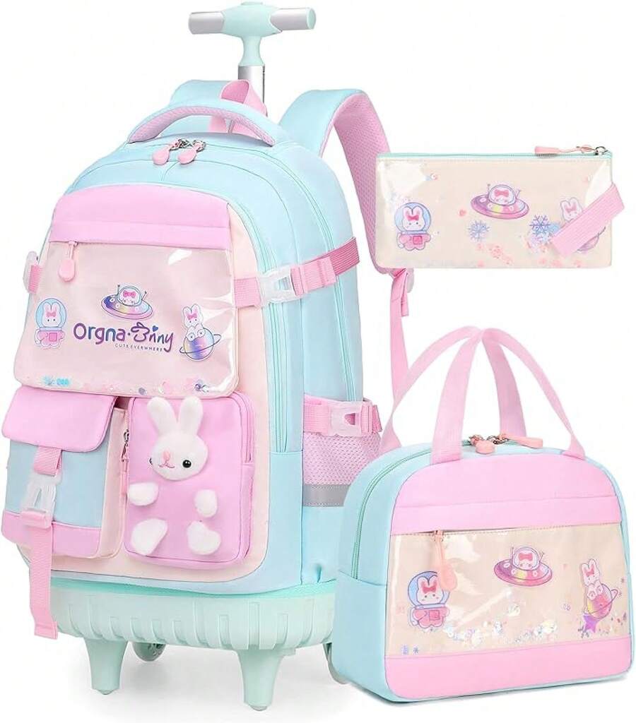 Rolling Backpack For Girls, Kawaii Bunny Roller Wheels School Backpacks ...