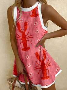 Womens Lobster Shift Dresses 2025 Boho Mini Tank Dress Y2K Sleeveless Cute Graphic Lobster Fish Printed Dress Summer Beach Sundress Casual Beach Vacation Loose Short Dress - 紅色 - 查看 1