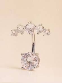 1pc Rhinestone Double Gem Navel Ring, Fashion Piercing Jewelry - Silver - View 2