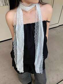 1 件白色波点蕾丝长领带颈饰夏季细窄发带复古蕾丝花边波点长丝巾女春夏时尚领带装饰脖子围巾飘带