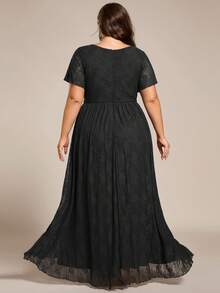 Plus Size V Neck Short Sleeves Pleated High Low Mother Of Bride Lace Dresses - Black - View 2