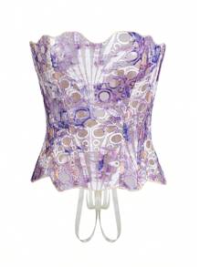 女式性感白色蕾丝露肩连体衣短款上衣，无袖半透明常规长度衬衫，带系带细节，面料略有弹性 - 紫色 - 查看 2