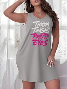 Plus Size Women's Sleep Dress - Comfy Nightgown With Thick Thighs Pretty Eyes Printing, Round Neck - Machine Washable, Casual Sleepwear - Xám - Xem 1