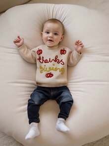 Toddler Baby Thanksgiving Sweater Pumpkin Letter Embroidered Crewneck Long Sleeve Pullover Chunky Knit Tops - 卡其色 - 查看 5