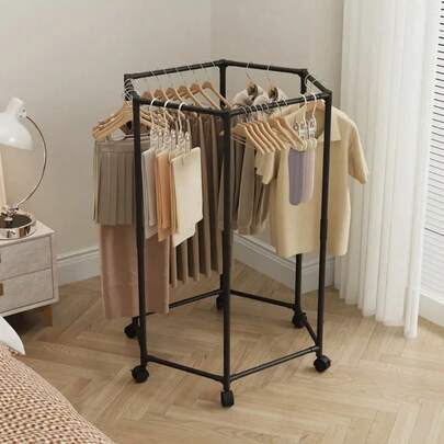 Self-Wheeled Simple Black & White Clothes Rack, Easily Create A Fashionable Storage Area In The Bedroom