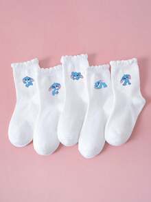 5 Pairs Children's Socks, Spring/Summer, Solid Color Lace Trim Socks, Cute Blue Rabbit & Tao Tao Pattern, Simple Fashion Versatile, Skin-Friendly Soft Breathable Casual Sports Socks, Suitable For Daily Wear, Gifts, Travel, Back To School, Campus, Sports, New Semester, Students, Back To School Season - Multicolor - View 6