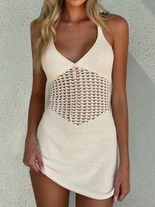Vestido curto feminino estilo boho de verão, sexy, vazado, transparente, decote em V profundo, alças, costas nuas, saída de praia - Branco leitoso - Ver 5