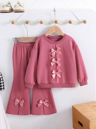 Young Girl Casual Ballet Inspired Sweet 2-Piece Set, Includes Loose Fit Pink/Purple Sweatshirt And Flared Pants, Decorated With Multiple Cute Bows, Comfortable For Everyday Wear, Hang-Outs, And Play In Autumn/Winter