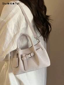 韩国手工编织手提包，时尚篮子包，通勤、购物、旅行、送礼等用途多样（配有小袋） - 淺灰紫 - 查看 4