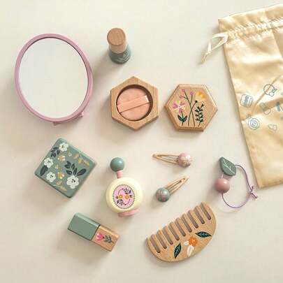 Wooden Pretend Makeup Set For Girls – Vanity Role Play Toy Kit With Mirror, Lipstick & Comb, Back To School Gift For Toddlers To Share With Friends