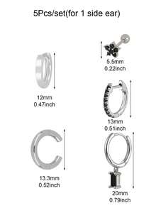 5件套耳环套装女镀金耳夹黑锆石耳钉耳环圈形耳环吊坠耳环女时尚珠宝配饰 - 5Pcs/set(1 side ear) - 查看 8
