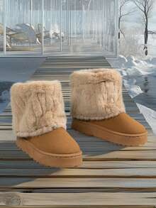 Nuevas botas de invierno de moda de caña alta, botas de nieve para mujer de talla grande con cuello esponjoso y cierre deslizante en color camello, con suela gruesa y plataforma, forro térmico, casual y cálidas, antideslizantes, de tacón medio cómodo. Talla grande.