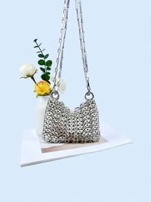 24 pièces Sac bandoulière fait main avec paillettes brillantes et décorations de paillettes, avec bandoulière amovible, couleur argent, pour femmes - Argent - Voir 6