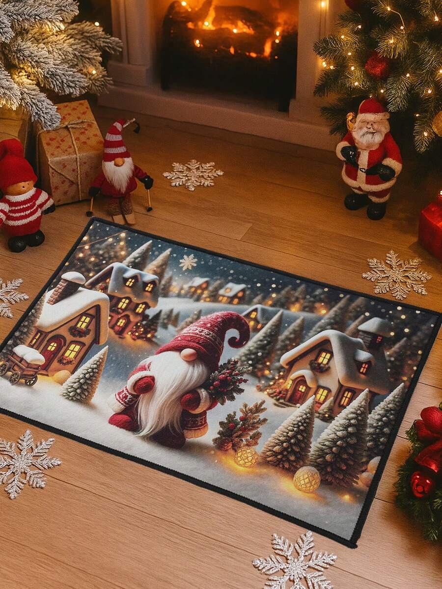 1pc Christmas Decor Doormat, Red Gnome & Christmas Tree Design Non-Slip Floor Mat/Rug, Polyester, Suitable For Christmas Party, Bathroom, Bedroom, Living Room, Kitchen, Fireplace Decor, Indoor/Outdoor Christmas Decoration, 2026 Winter Holiday, Christmas Party Gift, Party Favor, Christmas Supplies, 2025 Christmas Decor, Halloween
