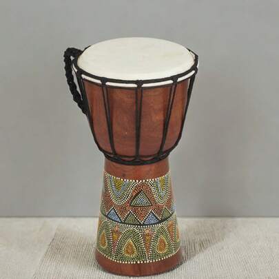 7" X 12" Brown Wood Handmade Djembe Drum Sculpture With Rope Accents
