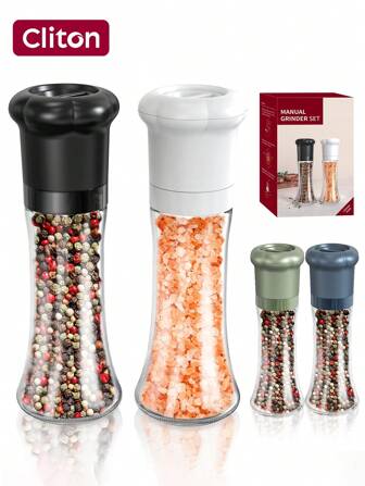CLITON 1/2 件手动胡椒研磨器 – 节日礼物首选，厨房必备！非常适合节日、乔迁贺礼或烹饪爱好者的馈赠。配备大容量玻璃研磨盒、防尘设计，加长研磨带，研磨更舒适。适用于黑胡椒、白胡椒、海盐、玫瑰盐等 – 实用、时尚、贴心