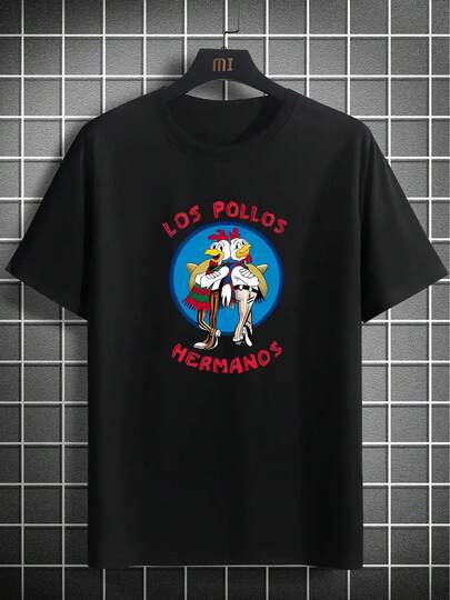 1pc Los Pollos Hermanos Men'S Casual T-Shirt, Summer Round Neck Short Sleeve Tee, Polyester Knit Fabric, Animal Print, Comfortable Holiday Camping Top