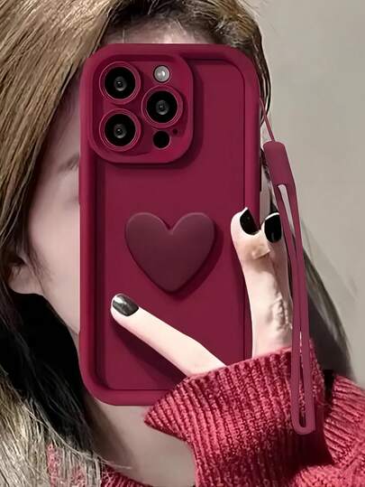 1 pieza Funda de teléfono con forma de corazón de color rojo vino a la moda, compatible con iPhone 12/13 Pro Max, Honor X7, Galaxy A56 5G, Infinix Smart 8, Infinix Hot 40i, Spark 20, Spark 20C, Spark Go 2024, Redmi Note 14 5G, Moto E22/E22i, OPPO A54, Cubierta protectora de Body completo, diseño minimalista con correa para la muñeca, adecuada para uso diario y transporte al aire libre, resistente al agua, a los golpes, a las caídas y a los arañazos
