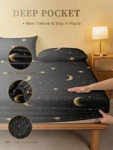 2/3pcs /Set Black Stars Moon Pattern Fitted Sheet Set Without Filler, Fitted Sheet Set For Bedroom Brushed Microfiber Breathable Comfortable 1pc Mattress Cover With 1/2pcs Pillowcase, Bed Cover Set King Queen Full Twin Size Fitted Sheet Set For Bedroom Brushed Microfiber Breathable Comfortable Sheet Bedspread Deep Pocket Up To 11.8 Inch Breathable Wrinkle-Free Better For Sleep, Machine Washable Domitory Bedding Back School Bedding