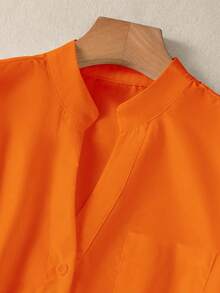 女士纯色V领纽扣衬衫 - 长袖休闲优雅衬衫，带口袋设计，适合度假、旅行和日常穿着，四季必备单品，春季必备 - 橘色 - 查看 6