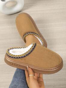 Dép đi trong nhà bằng vải nhung ren cổ điển dành cho nữ, dép đi trong nhà ấm áp, thích hợp cho ký túc xá sinh viên, có thể mang ngoài trời, mùa thu/đông - màu nâu - Xem 2
