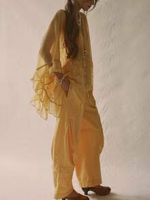 Women's Y2k Summer Sheer Poncho Tops Solid Color Batwing Sleeve Loose Fit T-Shirts Blouses Fairy Grunge Oversized V Neck Lace See Through Flowy Tops - 黃色 - 查看 5