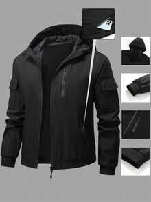 秋冬季保暖内衬户外休闲运动多口袋连帽夹克，男士款，轻便拉链保暖外套，适合徒步、钓鱼、跑步、休闲户外活动，是送给男友、丈夫、父亲的绝佳礼物，抓绒材质。 - 黑色 - 查看 5