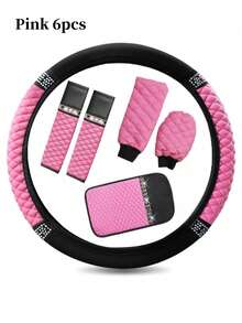 5 件套闪亮汽车方向盘套、手刹套、换档旋钮套、肩垫、15 英寸水钻软皮弹性方向盘保护套、适合女性女孩的闪亮水晶钻石、适合大多数汽车的汽车内饰配件、1 件皮革钻石镶嵌汽车方向盘套 - 款式A - 查看 19