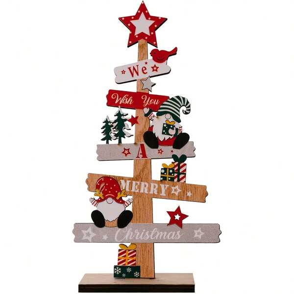 1pc Wooden Christmas Tree Decor, Desktop, Office, Party, Tiered Tray, Tabletop Decoration (Merry Christmas)