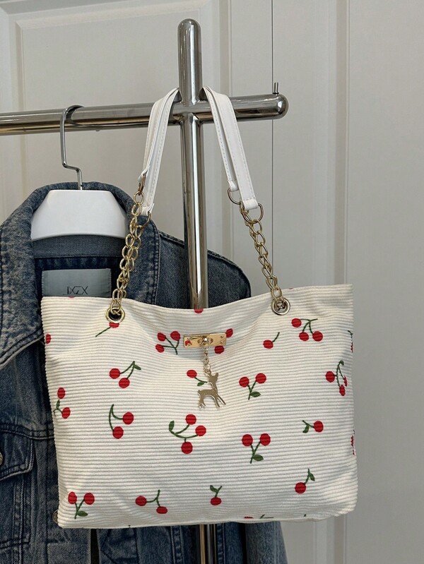 New Fashion Casual Deer Decorated Cherry Handbag, Suitable For Parties, Outings, Shopping And Daily Use, Can Store Coins, Phones, Also Can Be Used As Work Bag For White-Collar, College Students And Office Workers, Elegant Ladies Bag