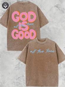 250g Heavyweight Washed Cotton Crew Neck T-Shirt - GOD IS GOOD Double-Sided Vintage Distressed Graphic, Unisex Oversized Loose Fit Casual Streetwear, Brown With Pink & Blue Lettering For Men & Women, Spring Summer Casual Attire, Easter & Festival Outfits - Màu cà phê - Xem 1