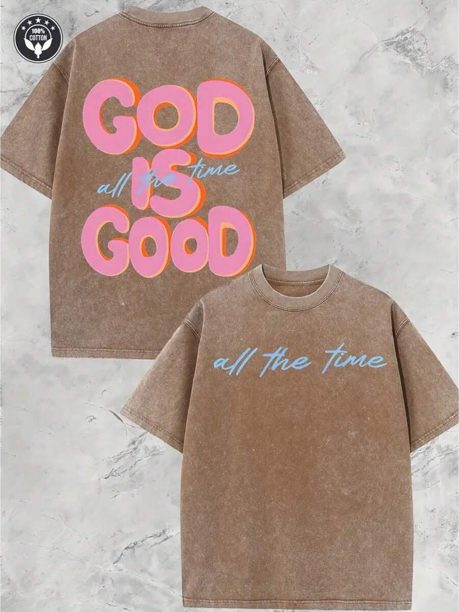 250g Heavyweight Washed Cotton Crew Neck T-Shirt - GOD IS GOOD Double-Sided Vintage Distressed Graphic, Unisex Oversized Loose Fit Casual Streetwear, Brown With Pink & Blue Lettering For Men & Women, Spring Summer Casual Attire, Easter & Festival Outfits - Màu cà phê - Xem 1