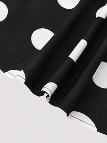 女士波点吊带连衣裙，系带腰身，喇叭裙摆，搭配针织开衫，波西米亚风印花夏季度假装扮 - 黑與白 - 查看 4