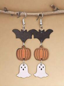 1 Pair Gothic Style Wooden Halloween Earrings, Ghost Pumpkin Bat Pendant Earrings For Women, Funny Festival Costume Jewelry, Suitable As Gift For Friends And Dates