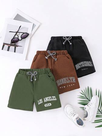 3 件男童休闲标语印花百搭短裤，适合夏季、户外、运动、学校、日常、休闲、度假、派对