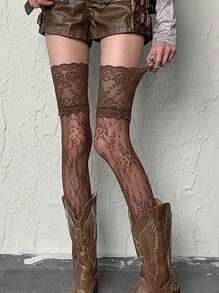 1 pereche șosete elegante peste genunchi pentru femei, culoare solidă, dantelă florală, albe, transparente, cu plasă, până la coapsă, potrivite pentru purtare zilnică, cizme și jambiere asortate