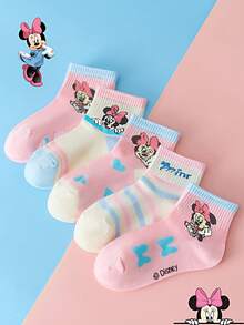 Disney 5双主题儿童袜子，米奇卡通风格女童中筒袜，粉色公主袜 - 彩色 - 查看 4