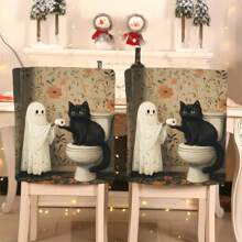 1 Stück/4 Stücke/6 Stücke/10 Stücke Halloween Katzen- & Geister-Muster Plüsch Stuhlbezug, abnehmbarer Kurzflor Stoff Stuhlüberzug, Rückenschutz für Stühle, geeignet für alle Jahreszeiten, Feiertags-Dekorationsstuhlbezug für Esszimmer, Wohnzimmer, Zuhause, mit Rückenschutz, passend für Esszimmer, Büro, Wohnzimmer, Hotel und Heimdekoration