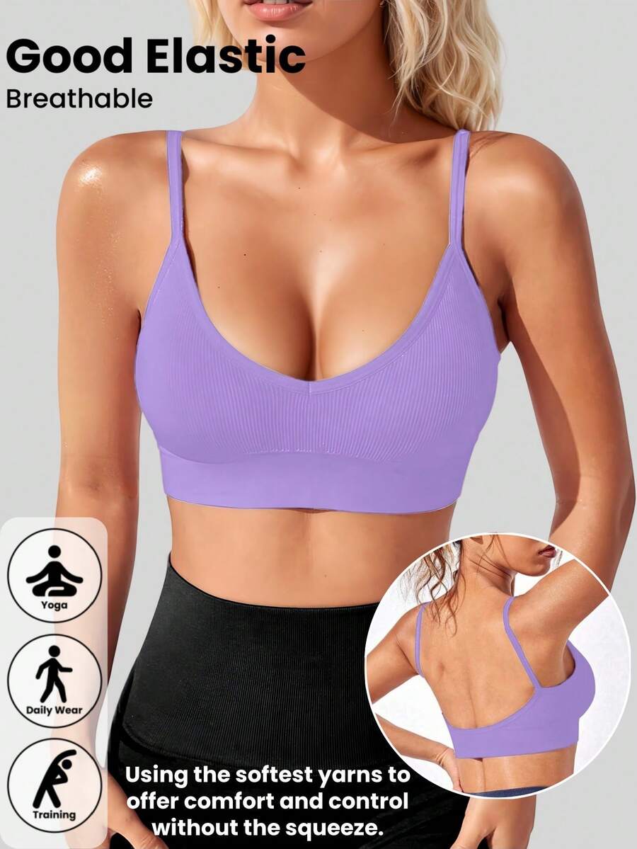 Áo bra thể thao nữ màu trơn, kiểu dáng racerback, không đường may, thoải mái, dây mỏng, cổ chữ V gợi cảm, thích hợp mặc hàng ngày, tập yoga mùa xuân.