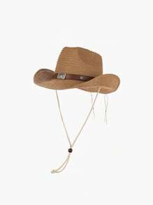 1pc Men's Summer Solid Color Leather Belt Decor Straw Woven Foldable Sun Protection Hat, Fashion Large Brim Brim Panama Hat Suitable For Daily Outdoor Use