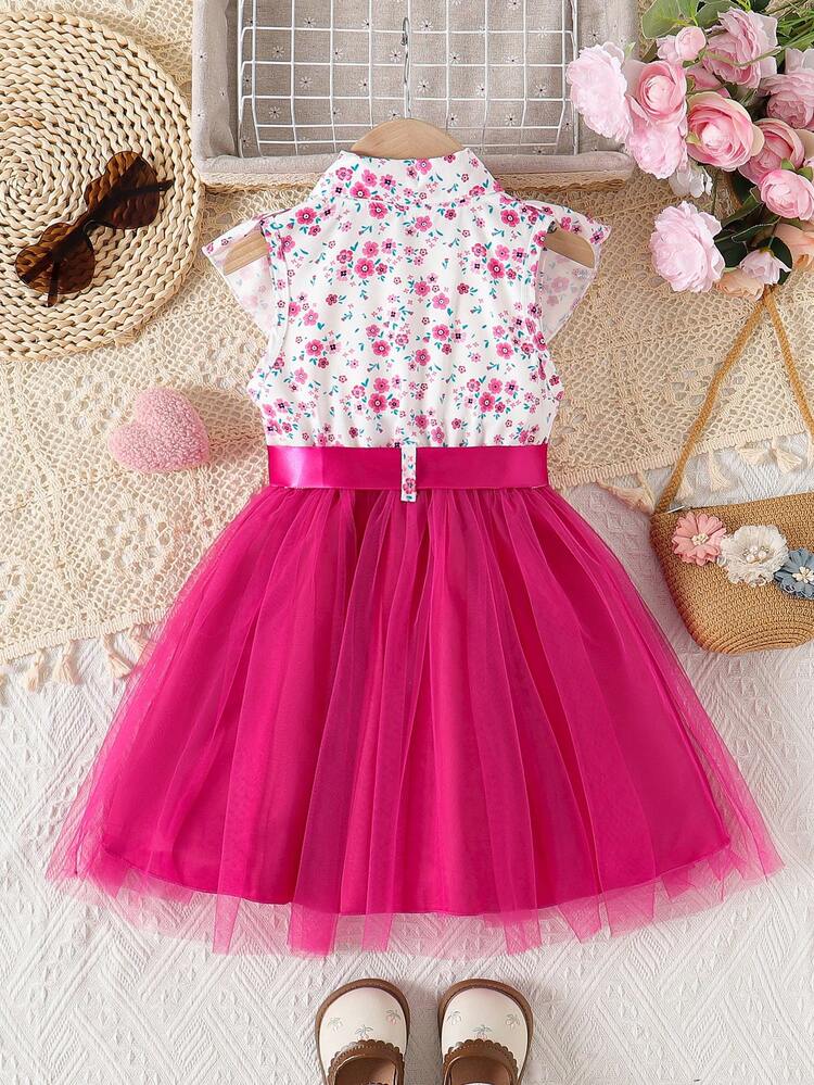 Young Girl Summer Vacation Floral Print Ruffled Collar Sleeveless Contrast Mesh Dress With Belt - Hot Pink - View 4