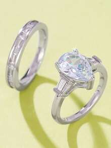 2件套精美立方氧化锆戒指套装，女士情人节礼物，结婚纪念日派对首饰 - 4# - 查看 4