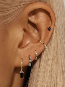 5件套耳环套装女镀金耳夹黑锆石耳钉耳环圈形耳环吊坠耳环女时尚珠宝配饰 - 5Pcs/set(1 side ear) - 查看 6