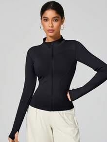 秋冬女士瑜伽夹克，运动跑步骑行服，长袖健身夹克，拉链上衣 - 黑色 - 查看 2