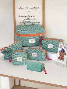 Bolsa de cosméticos de estilo clásico a cuadros, bolsa de tela con cremallera suave, diseño minimalista retro, bolsa de almacenamiento multiusos, adecuada para el hogar, viajes y uso diario, bolsa de cosméticos, útiles escolares, artículos de viaje, artículos esenciales para vacaciones, bolsas de cosméticos - Verde - Ver 19