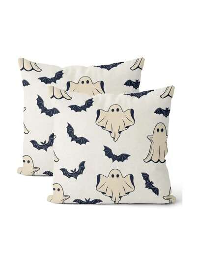 1/2/4 件现代亚麻拉链抱枕套，万圣节幽灵和蝙蝠图案，可机洗，家用沙发装饰靠垫套 - 单面印花（无内衬），秋季装饰，秋季装饰，房间装饰