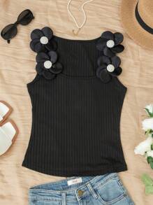 1PC Women Summer Outfits For Women Black Elegant Cute Casual Vest Round Neck Cami Top, 3D Flowers Pearl Design, Suitable For Daily Wear, Street, Commuting, Home, Office, Back To School, Dates, Beach Wearing Women Tank Tops & Camis