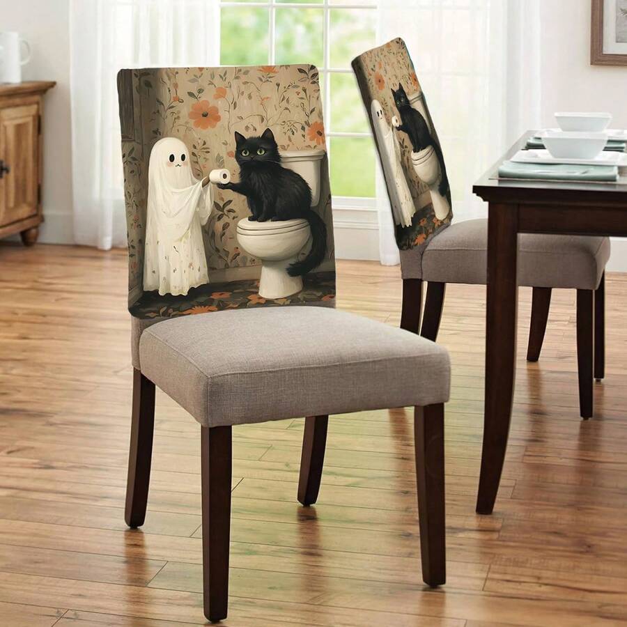 1 Stück/4 Stücke/6 Stücke/10 Stücke Halloween Katzen- & Geister-Muster Plüsch Stuhlbezug, abnehmbarer Kurzflor Stoff Stuhlüberzug, Rückenschutz für Stühle, geeignet für alle Jahreszeiten, Feiertags-Dekorationsstuhlbezug für Esszimmer, Wohnzimmer, Zuhause, mit Rückenschutz, passend für Esszimmer, Büro, Wohnzimmer, Hotel und Heimdekoration