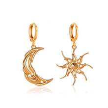 New Simple Sun And Moon Earrings - Unique Asymmetric Abstract Earrings Short Hollow Star And Moon Ear Clips - 黑色 - 查看 6